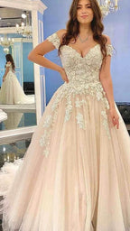 Long A-line Off-the-Shoulder Wedding Dress With Tulle Lace BM bride