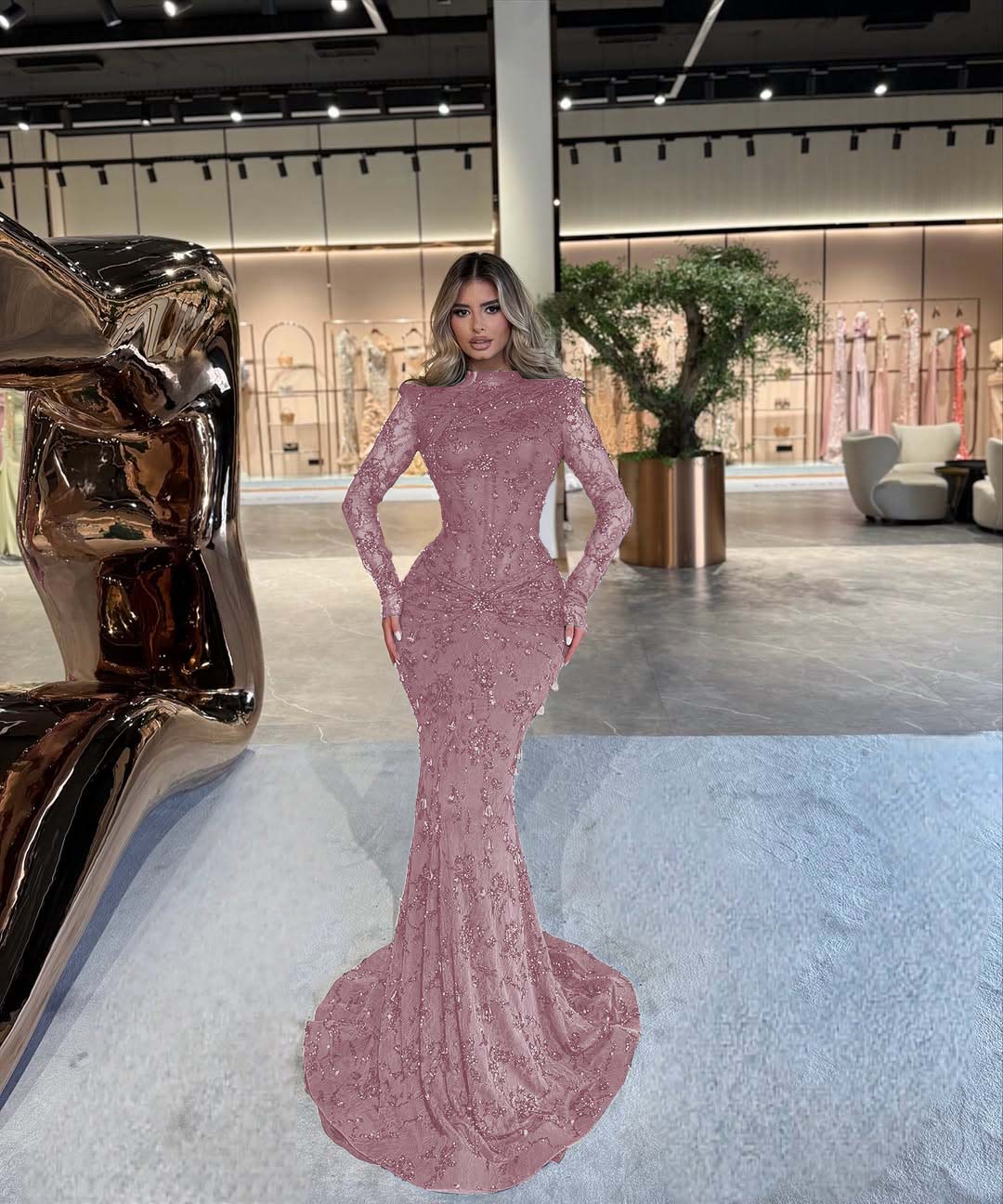High Neck Long Sleeves Long Mermaid Prom Dress With Beading Pleated BMBRIDE