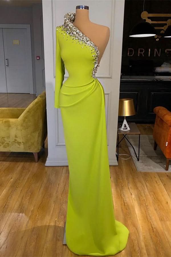 Green Long Sleeve One-Shoulder Beaded Mermaid Prom Dress BM bride