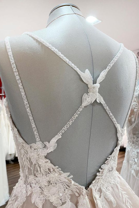 Long A-line V-neck Backless Wedding Dress With Ruffles BM bride