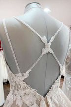Long A-line V-neck Backless Wedding Dress With Ruffles BM bride