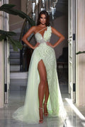 Heavy Sequins Sleeveless One Shoulder Prom Dress with High Slit BM bride