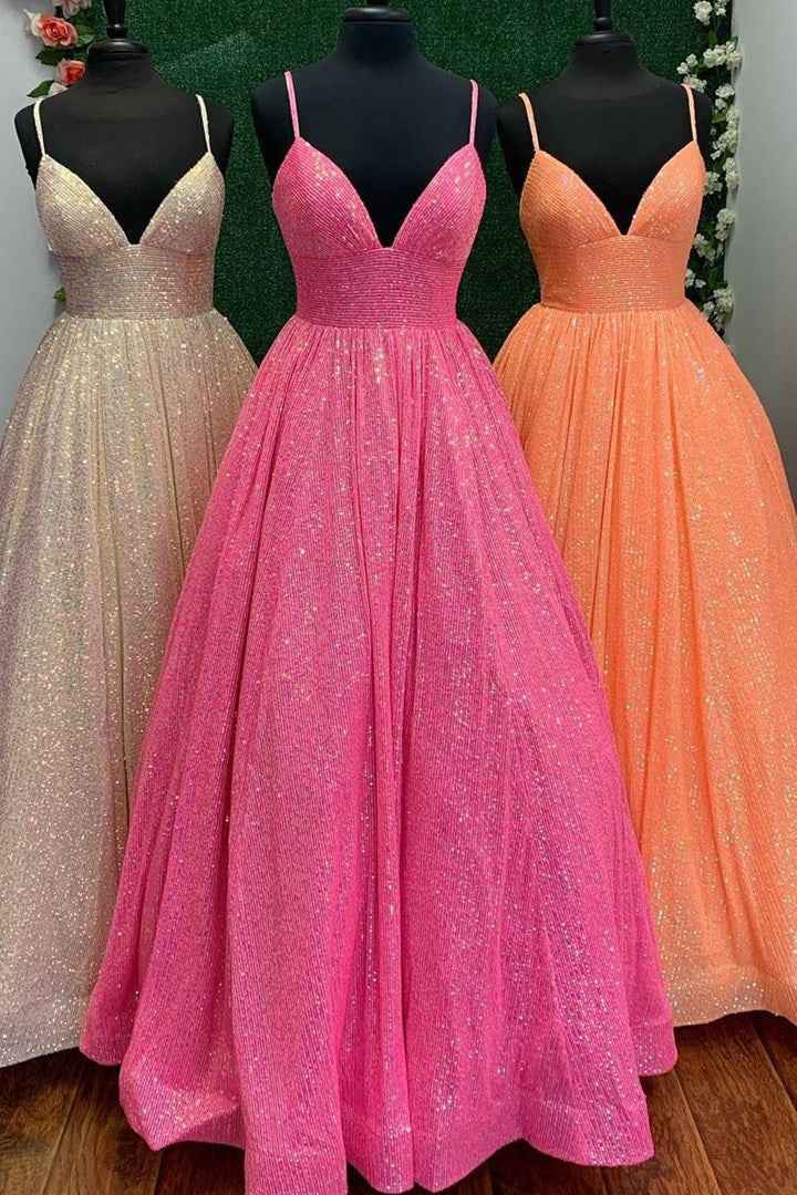 Shining Sequins V-Neck Spaghetti Strap Sleeveless Long A Line Prom Dress