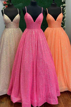 Shining Sequins V-Neck Spaghetti Strap Sleeveless Long A Line Prom Dress