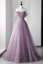 Lilac Off-The-Shoulder Evening Dress with Beadings and Appliques BM bride