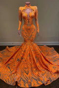 Orange Long Sleeves Mermaid Prom Dress with Sequins Lace BM bride