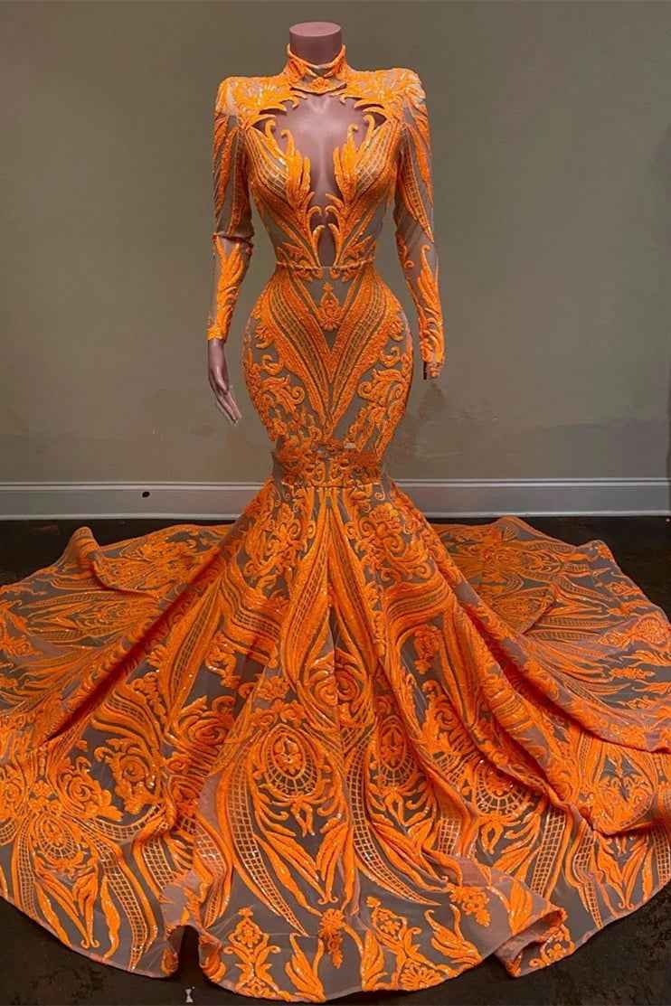 High Neck Mermaid Orange Long Sleeves Prom Dress Sequins Lace With Appliques