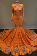 High Neck Mermaid Orange Long Sleeves Prom Dress Sequins Lace With Appliques