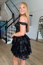 Sparkly Black Corset Tiered Lace A-Line Short Homecoming Prom Dress Bmbride