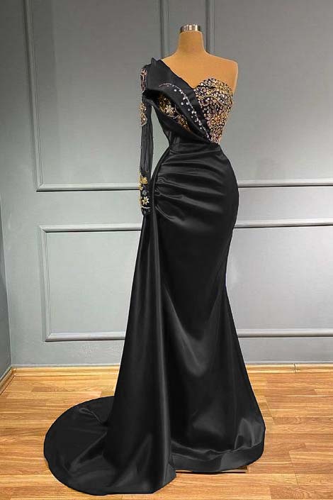 Dark Blue Long Sleeve One Shoulder Pleated Mermaid Prom Dress With Beadings BMBRIDE