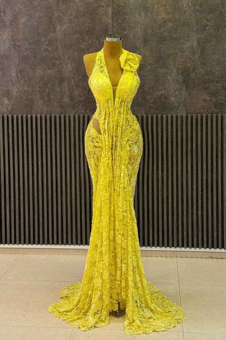 Yellow Lace Halter Neck Sleeveless Mermaid Long Prom Dress With Ruffles