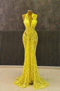 Yellow Lace Halter Neck Sleeveless Mermaid Long Prom Dress With Ruffles