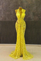 Yellow Lace Halter Neck Sleeveless Mermaid Long Prom Dress With Ruffles