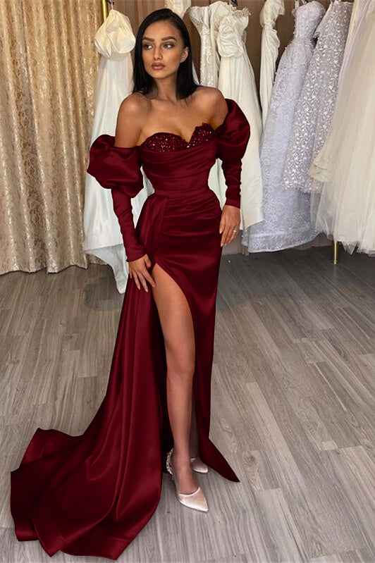 Red Off The Shoulder Mermaid Split Prom Dress Sweetheart With Diamond Appliques