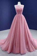 Gorgeous Pink A Line Prom Dress Tulle With Sleeveless Beading On Sale