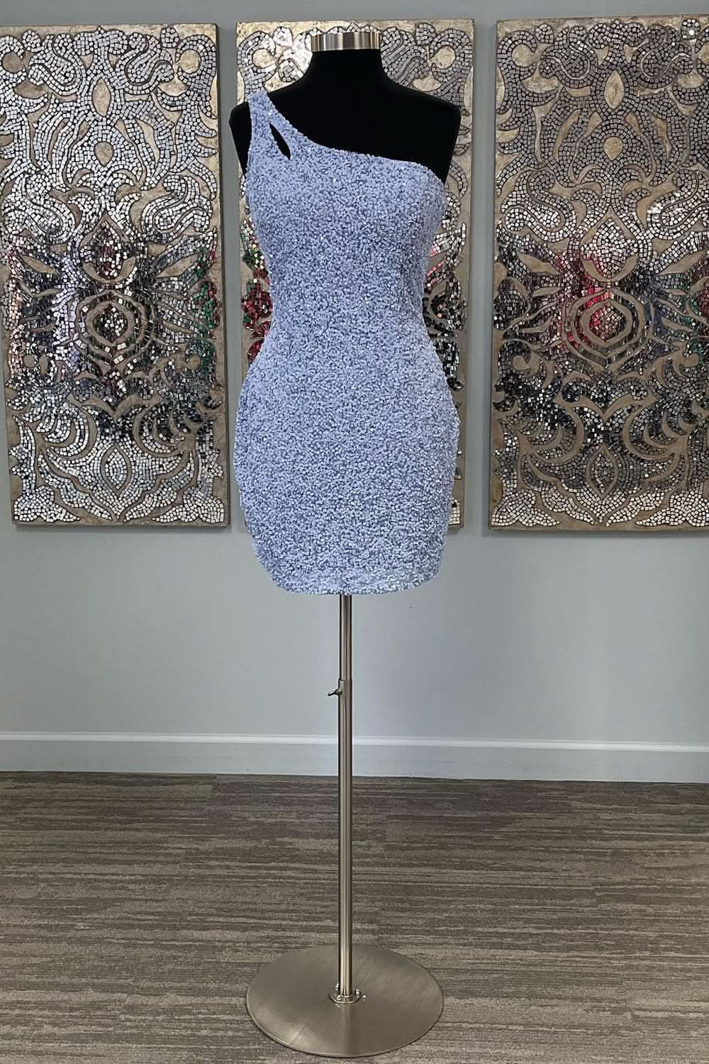 Sparkly Yellow Open Back One Shoulder Sequins Tight Homecoming Dress
