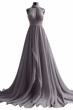 Purple Halter Sleeveless Long Chiffon Prom Dress with Pleats BM bride