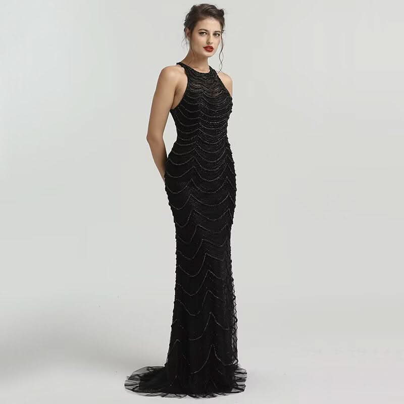 Black Sequin Tulle Mermaid Prom Dress with Sleeveless Design BM bride