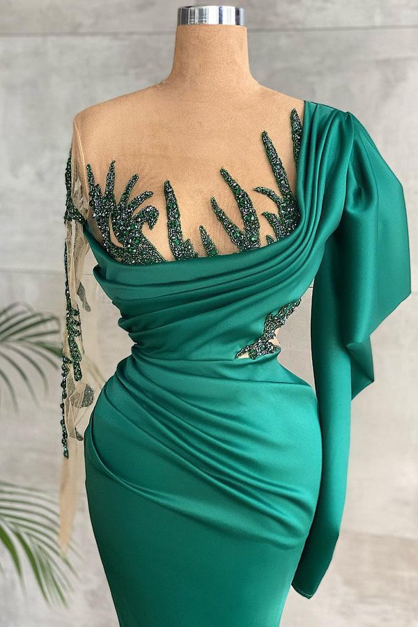 Green Long Sleeves Mermaid Side Split Prom Dress With Appliques BMBRIDE