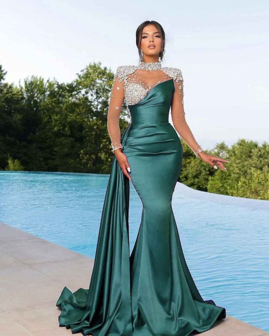 Chic High Neck Long Sleeves Beaded Stain Mermaid Prom Dress With Ruffles
