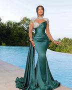 Chic High Neck Long Sleeves Beaded Stain Mermaid Prom Dress With Ruffles