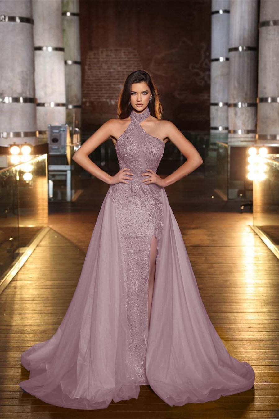 Purple Halter Mermaid Prom Dress Tulle Ruffles With Split Appliques