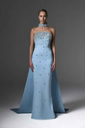 Sky Blue Halter Strapless Sleeveless Long Prom Dress With Beading