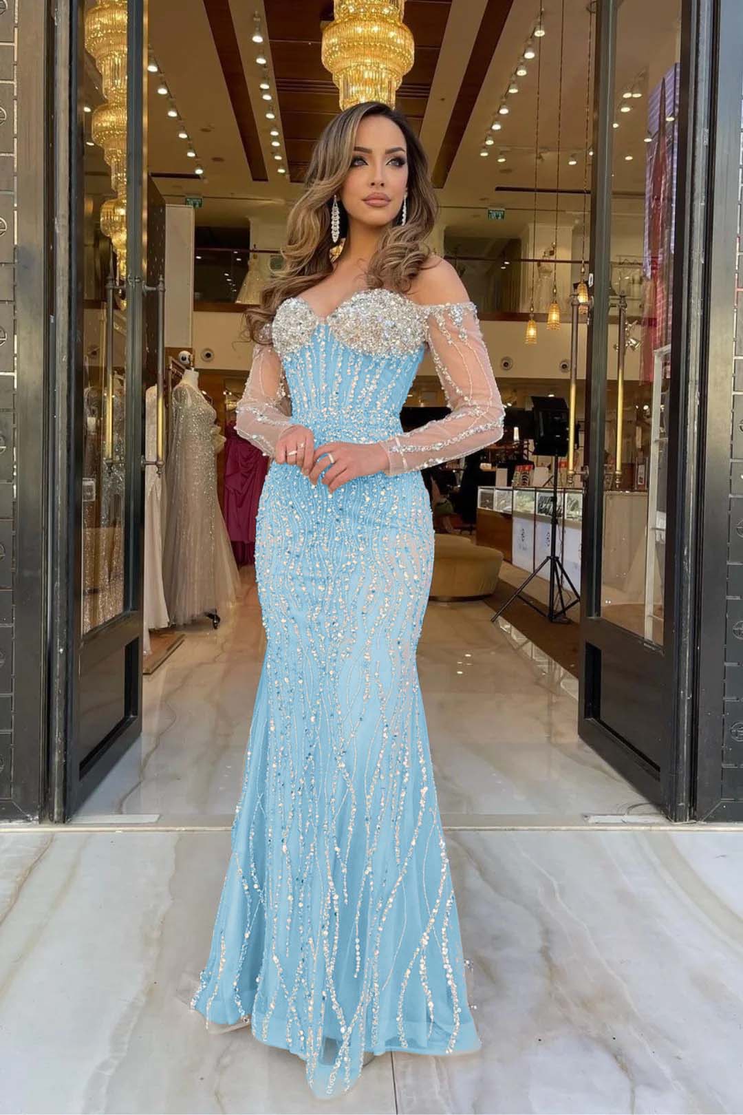Heavy Prom Dress Sweetheart Long Sleeves Strapless Beading Long Tulle