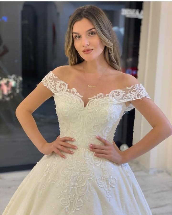 Classy A-Line Off-the-Shoulder Wedding Dress With Train Lace Appliques BM bride