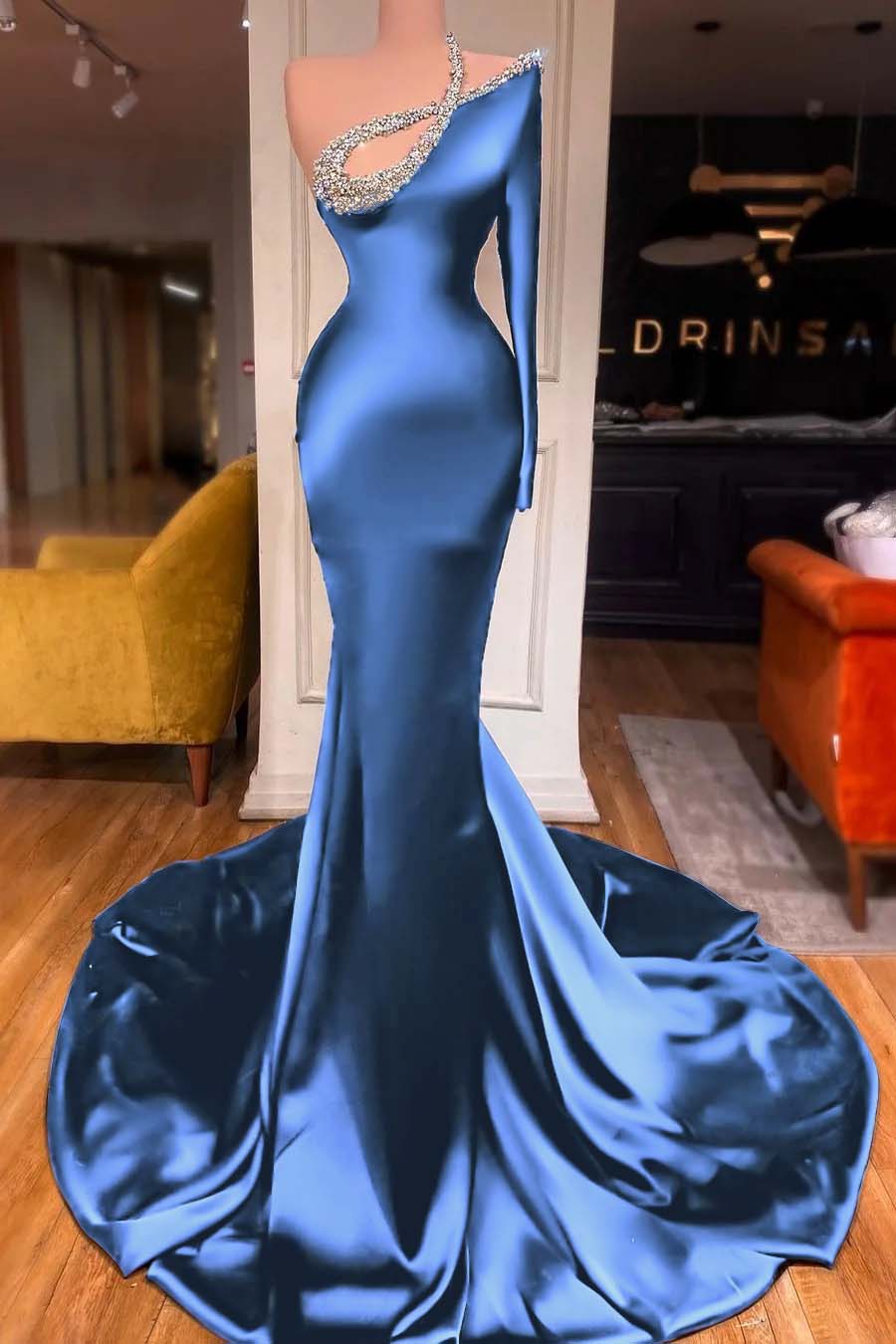 One Shoulder Long Sleeve Mermaid Long Prom Dress With Beading BMBRIDE