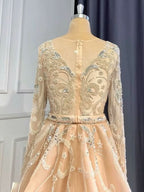 Elegant V-Neck Long Sleeve Sequin Appliqued A-Line Prom Dress BM bride