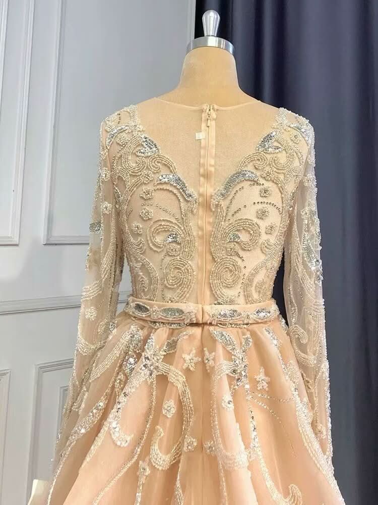 Elegant V-Neck Long Sleeve Sequin Appliqued A-Line Prom Dress BM bride