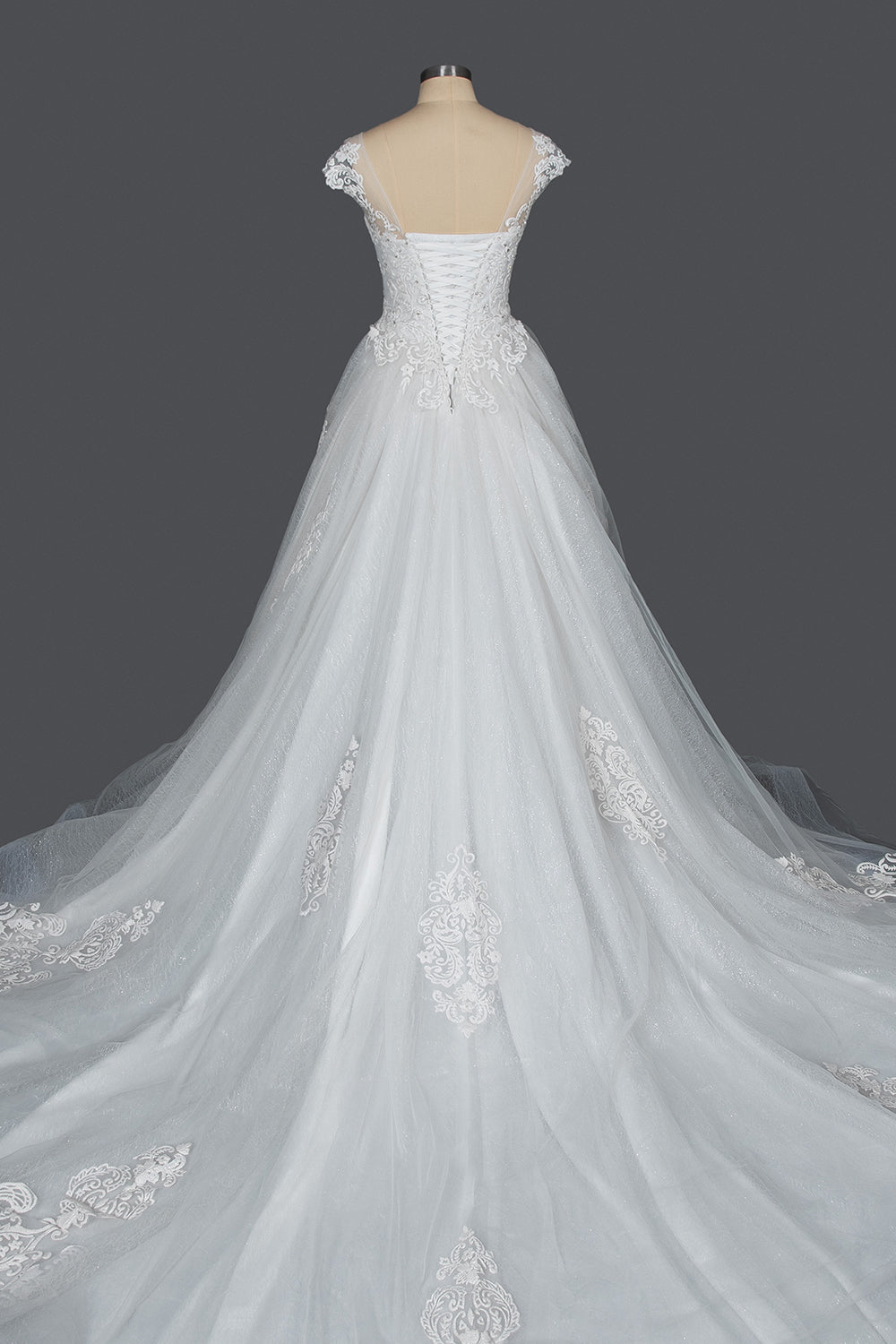 Elegant Cap Sleeve Sheer Tulle Ball Gown Wedding Dress with Lace V-Neck BM bride