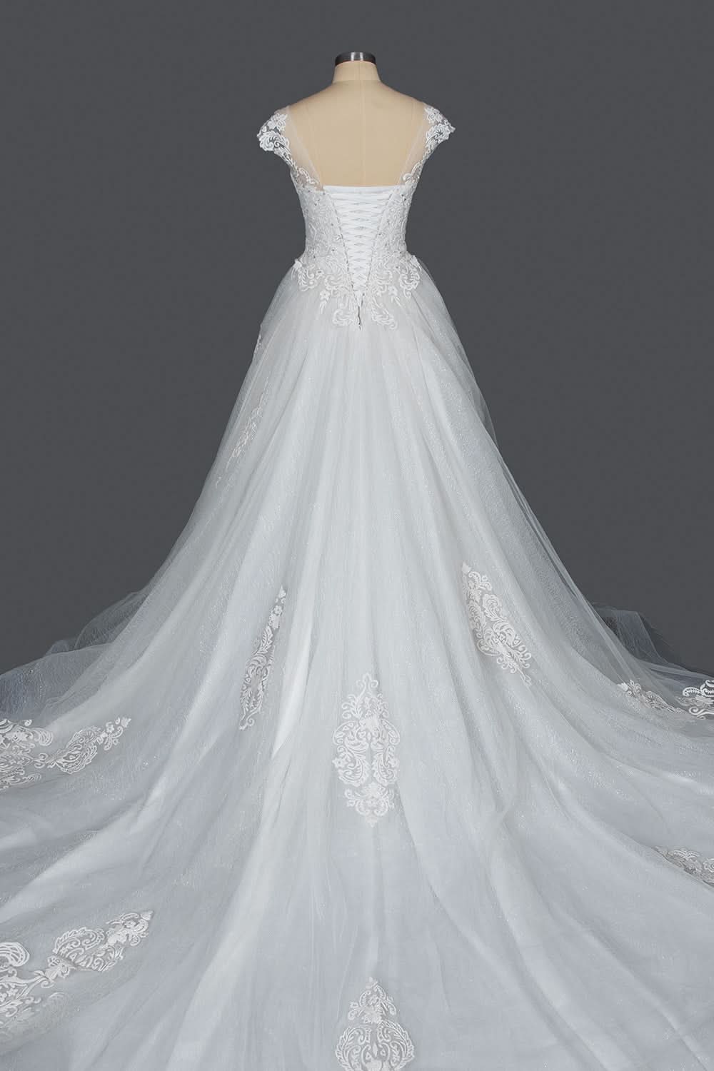 Elegant Cap Sleeve Sheer Tulle Ball Gown Wedding Dress with Lace V-Neck BM bride