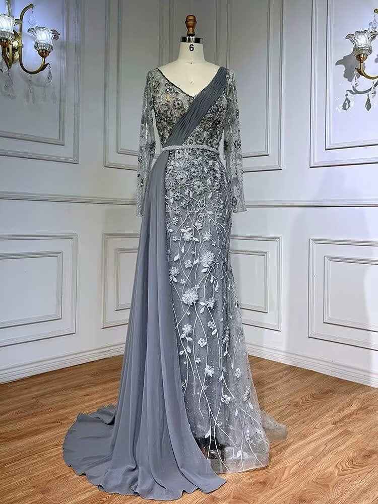 Exquisite V Neck Long Sleeves Appliques Bead Embroidery Prom Dress