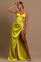 Daffodil Long Prom Dress Halter Ball Gown with Pleated Slit BM bride