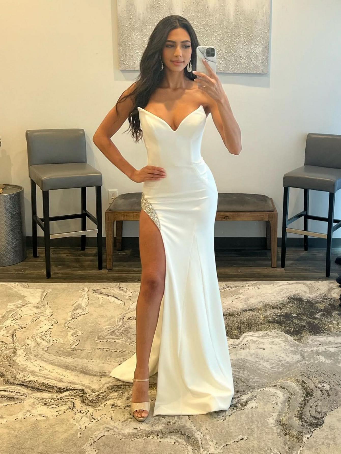Elegant White Strapless V Neck Long Prom Dress with Slit BM bride
