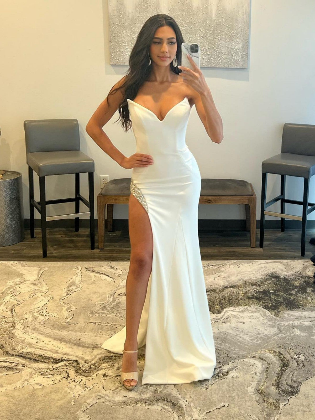 Elegant White Strapless V Neck Long Prom Dress with Slit BM bride