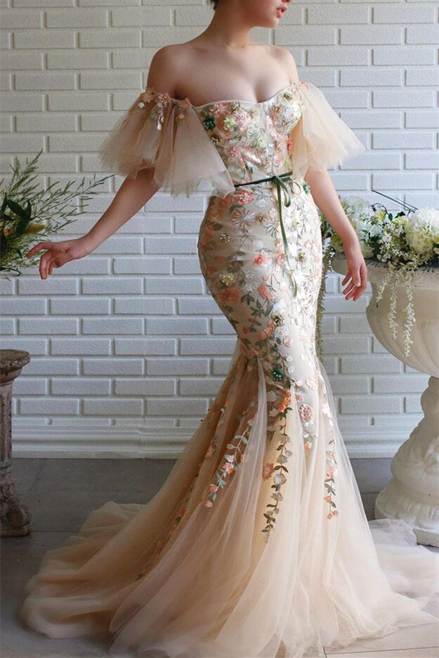 Off-The-Shoulder Mermaid Strapless Flowers Evening Dress Beadings with Appliques BM bride