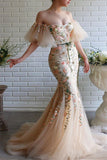 Off-The-Shoulder Mermaid Strapless Flowers Evening Dress Beadings with Appliques BM bride