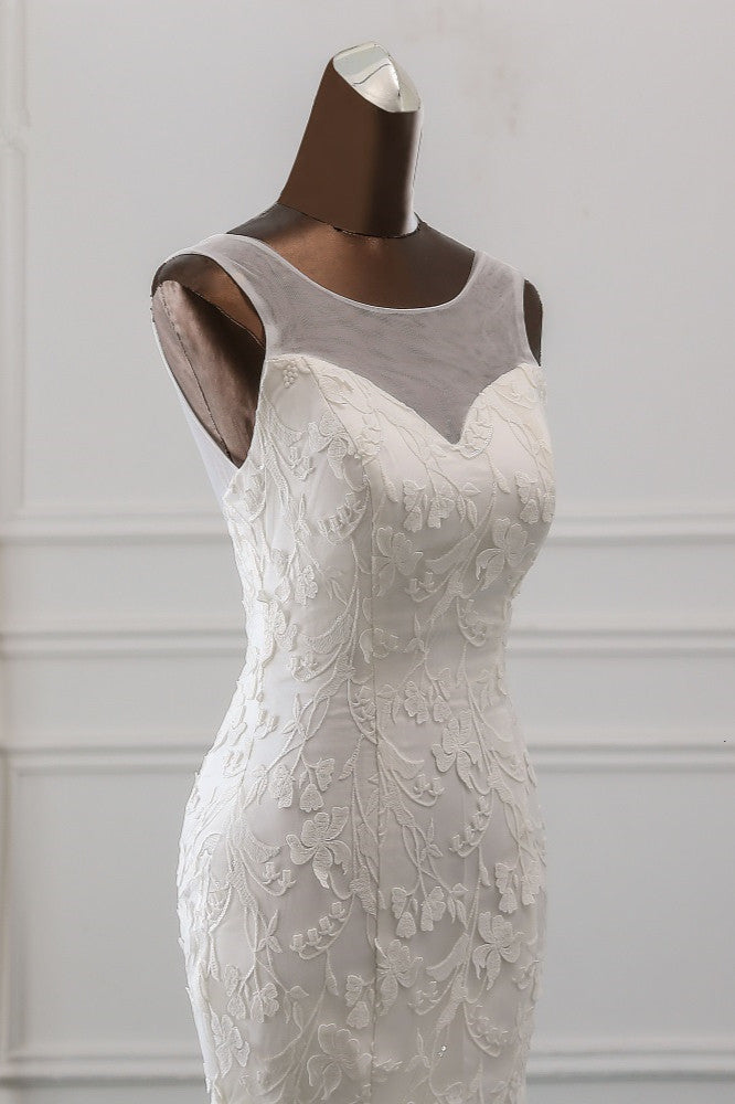 Jewel Neck Backless Long Mermaid Wedding Dress with Tulle Lace BM bride