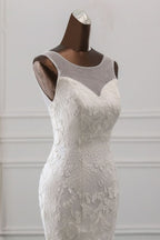 Jewel Neck Backless Long Mermaid Wedding Dress with Tulle Lace BM bride