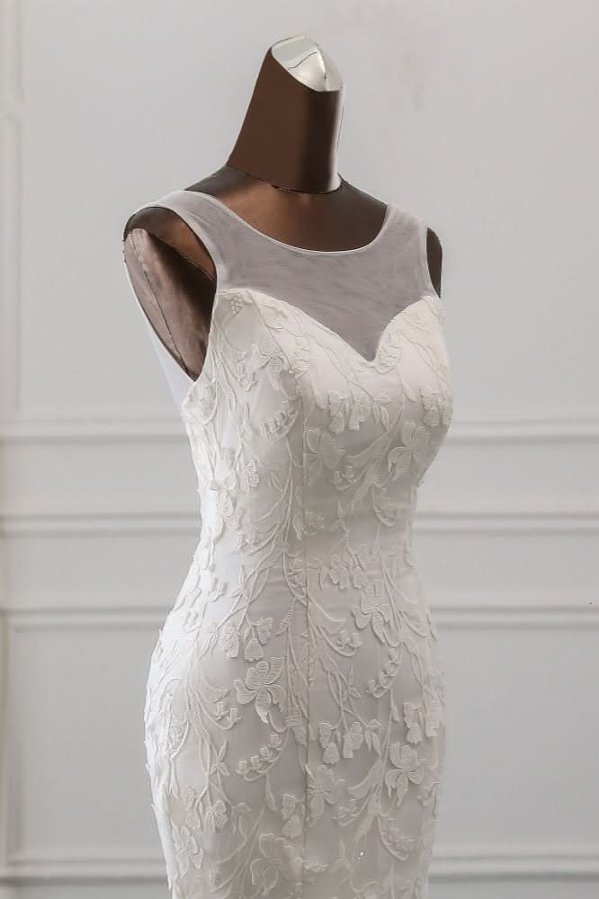 Jewel Neck Backless Long Mermaid Wedding Dress with Tulle Lace BM bride