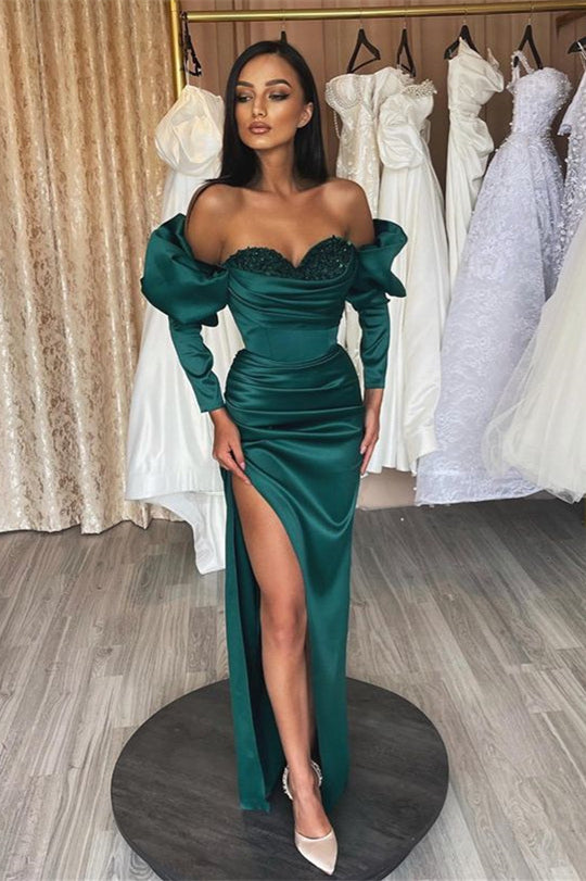 Gorgeous Emerald Evening Dress Prom Dress Long Sleeves Bubble Sleeves Sweetheart with Sequins BM bride