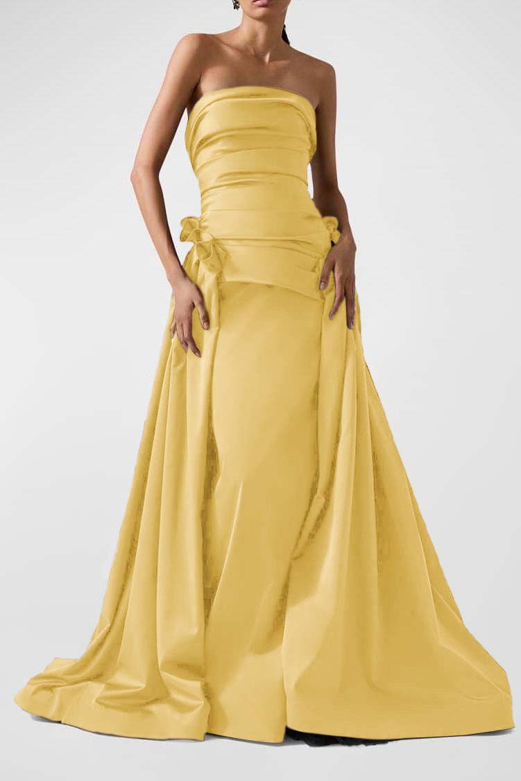 Strapless Backless Sleeveless Long A Line Prom Dress With Pleated BMBRIDE