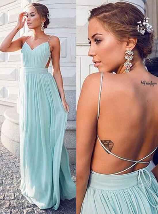 Chiffon Mint Spaghetti Strap Backless Sleeveless V Neck Long Prom Dress