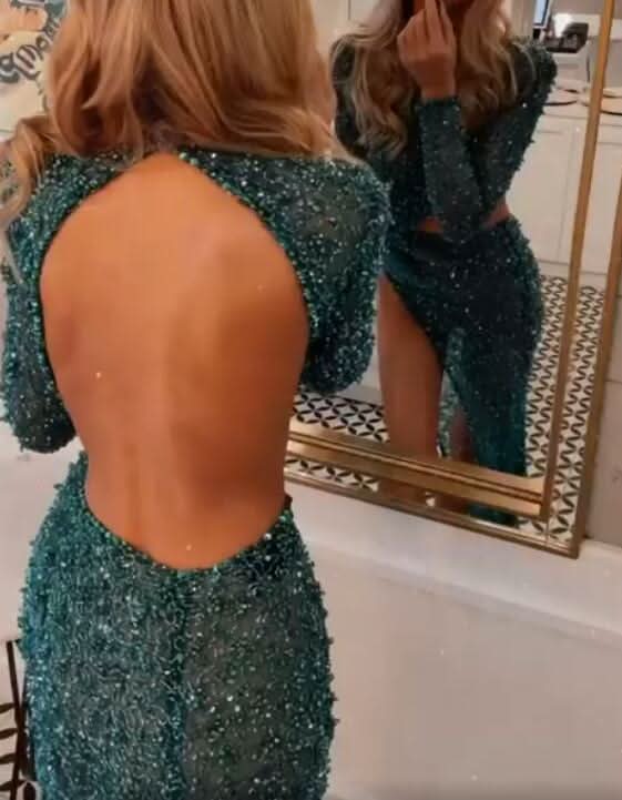 Blue Long Sleeves Sequins Mermaid Prom Dress with Split BM bride