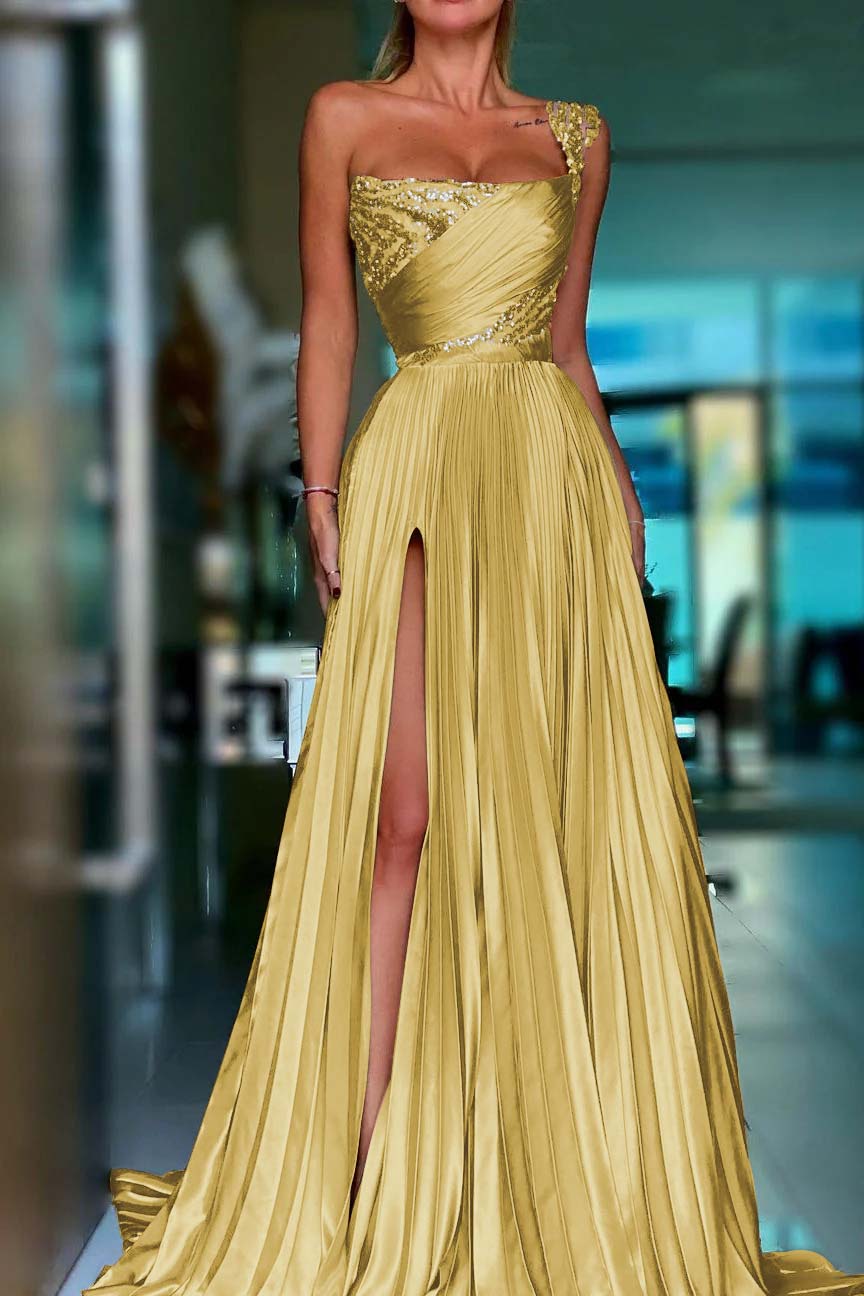 One Shoulder Sleeveless Long Prom Dress With High Split Sequins BMBRIDE