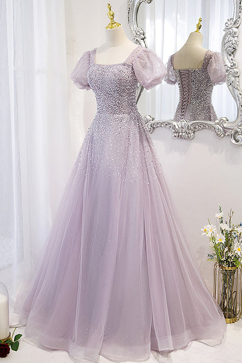 Chic Lace Up Prom Dress Beadings A Line Short Sleeves With Square Online BMBRIDE