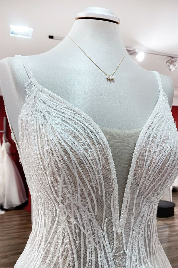 V-Neck Sleeveless Long A-Line Wedding Dress with Sequins, Ruffles, and Open Back Tulle BM bride